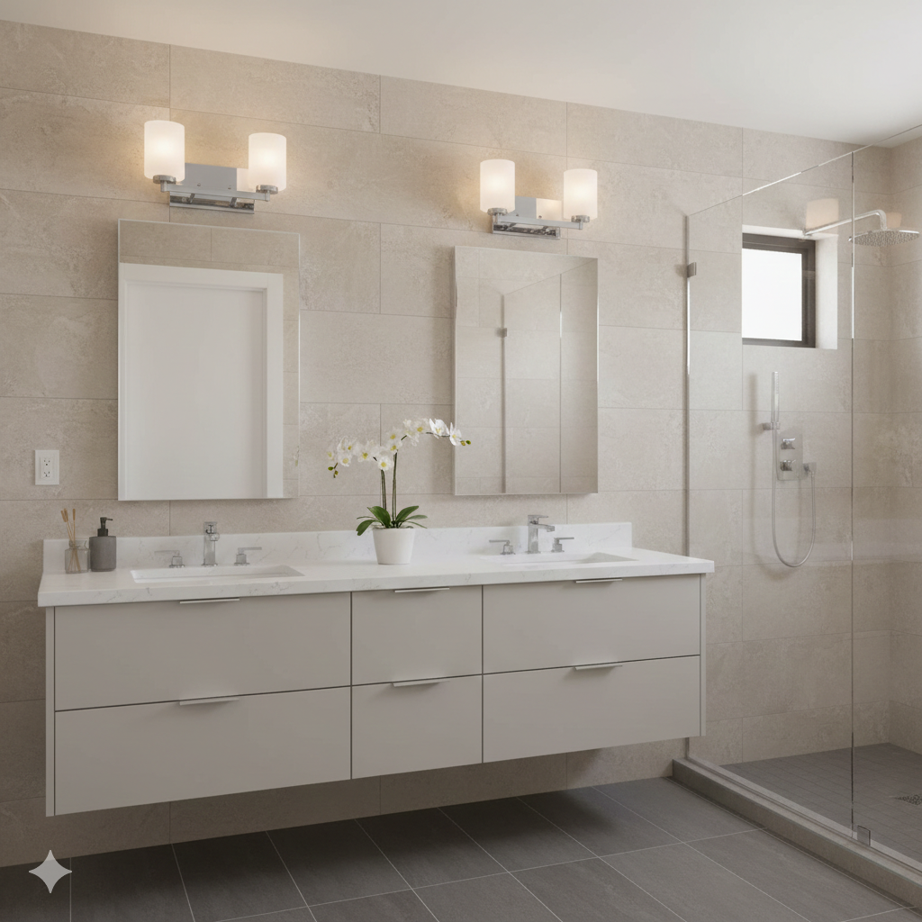 Modern bathroom with double vanity, mirrors, and decorative elements.